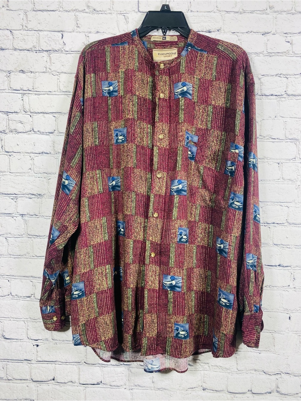 Evan Picone Sport XL Rayon Men’s‎ Bird Print Patchwork Button Front shirt